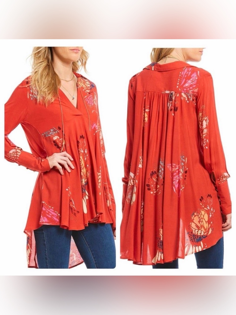 Free People Rust Red Floral Hi-Low V-Neck Tunic
